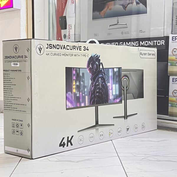 JS NOVACURVE 34C VEON SERIES YC-340M | 34-INCH ULTRA-WIDE 1500R CURVED GAMING MONITOR | 4K (3440×1440) RESOLUTION | 180HZ HIGH REFRESH RATE | 1MS RESPONSE TIME | 100% SRGB COLOR ACCURACY | 300CD/M² BRIGHTNESS | 4000:1 CONTRAST RATIO | 16.7M COLORS | VA PANEL | BUILT-IN CAMERA | RGB SCROLLING LIGHT | ERGONOMIC ADJUSTABLE STAND (TILT, SWIVEL, HEIGHT) | VESA 75×75MM | CONNECTIVITY: 2× HDMI, 2× DISPLAYPORT, DC, AUDIO | 21:9 ASPECT RATIO
